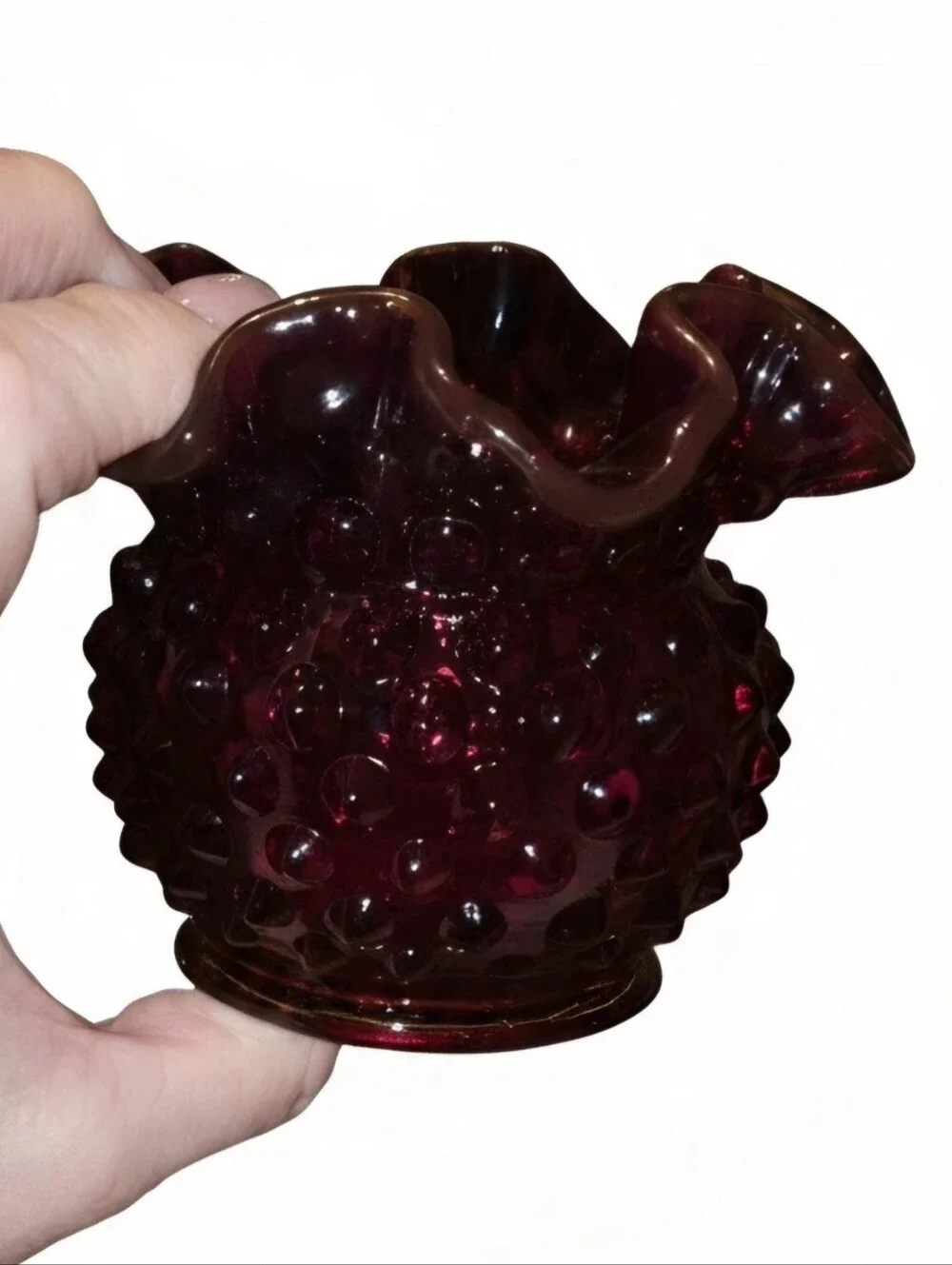 Pair of Vintage Fenton Ruby Red Hobnail Ruffled Mini Vase